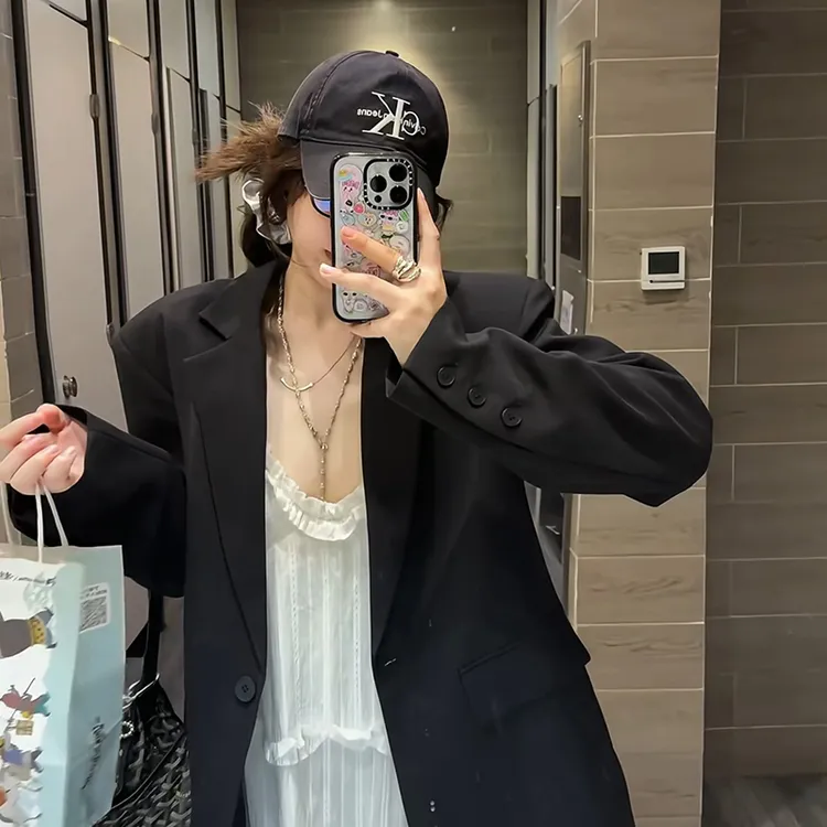 木耳边U领拼接宽松韩系内搭吊带翻领长袖西装外套秋季套装