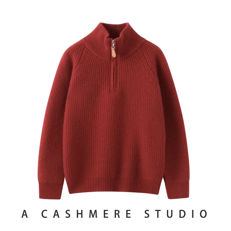 七针加厚插肩元宝针加厚山羊绒衫男女童半拉链立领毛衣秋冬针织衫