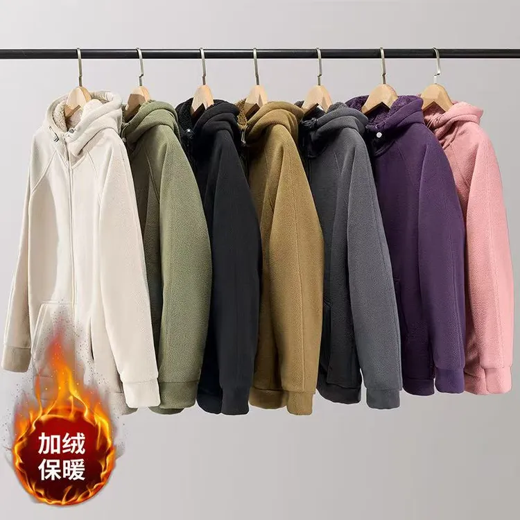 8826加绒加厚卫衣外套户外运动防风连帽宽松保暖外套男女同款Y