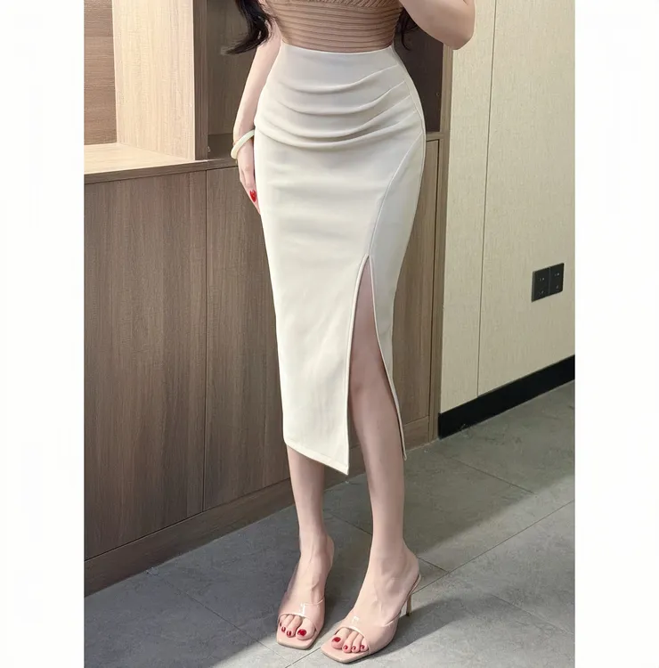 【巧思逸】高腰开叉半身裙女夏季褶皱显瘦拉链气质包臀裙黑色中长裙