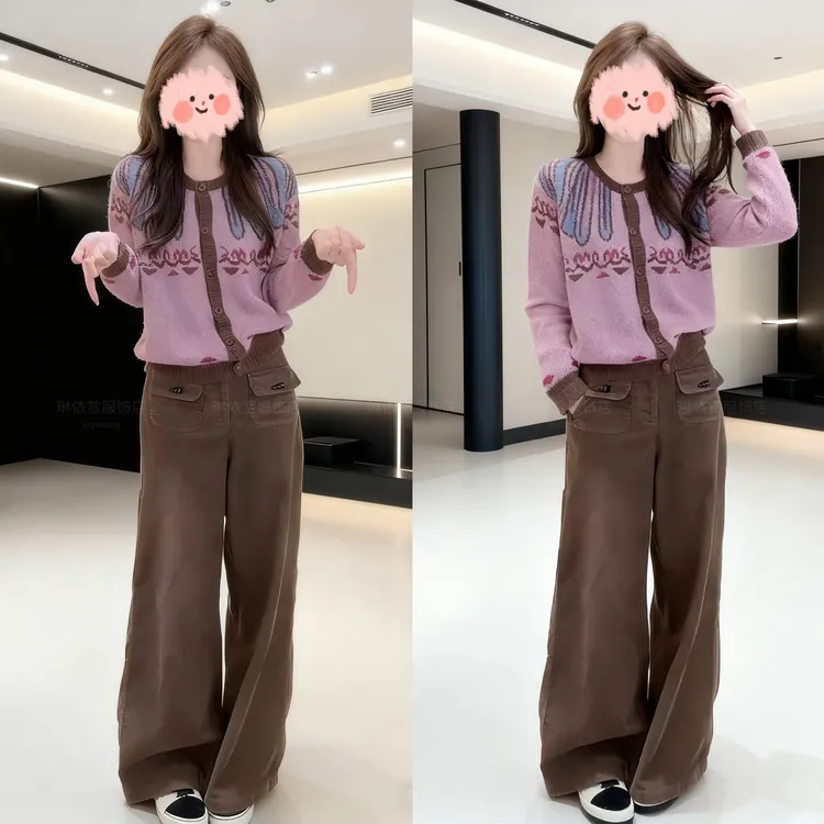 2025秋季新款洋气减龄氛围感提花长袖针织开衫复古垂感休闲裤套装