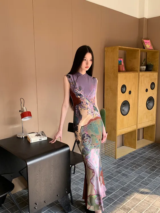 新中式国风前后两穿撞色旗袍连衣裙女夏鱼尾背心裙收腰包臀长裙子