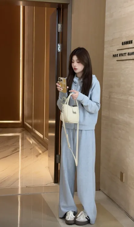 休闲运动连帽卫衣女2025秋冬季新款韩系宽松阔腿裤时尚套装两件套