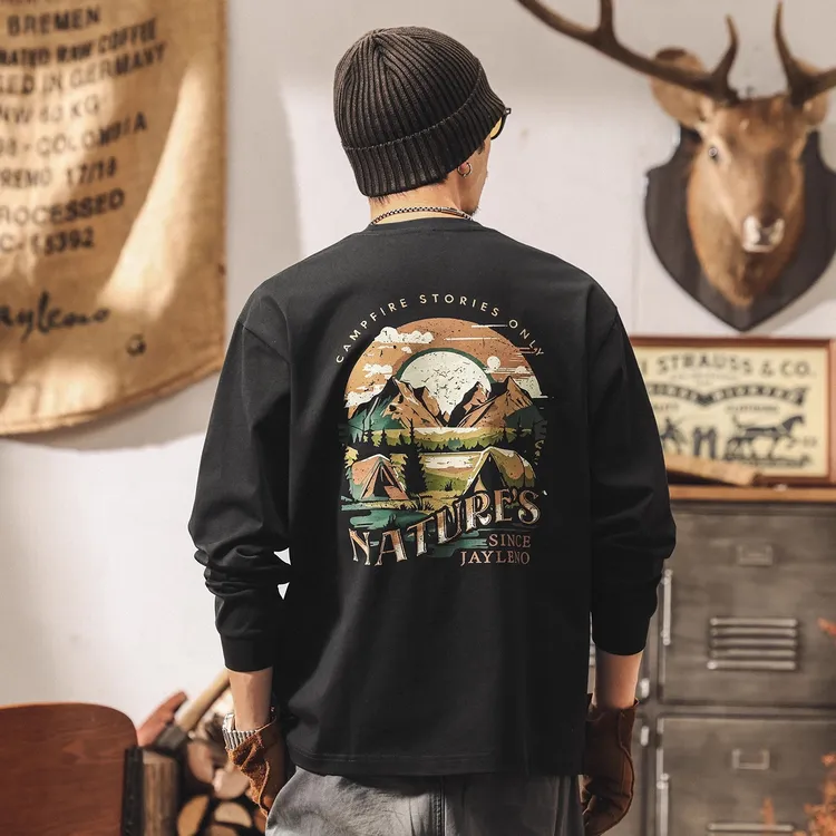 美式山系大码重磅长袖男t恤秋冬潮牌2025新款宽松大码男装上衣潮