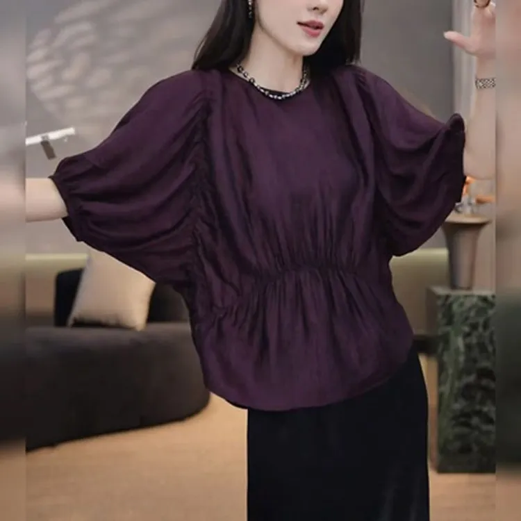 韩版夏季女衬衫束腰别致大版女2025新款圆领短袖上衣宽松洋气衬衫