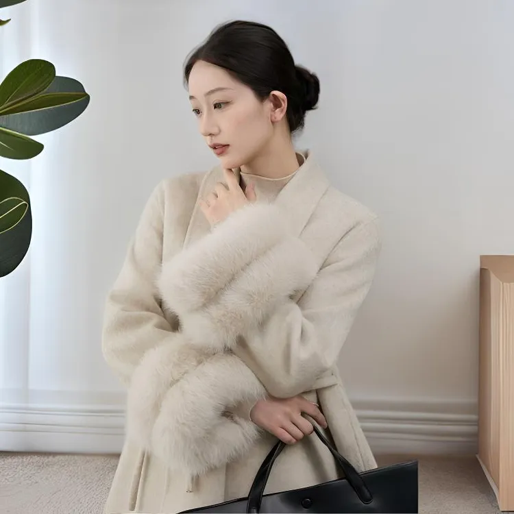 25时尚爆款双狐狸毛袖羊毛大衣女秋冬高级感高贵气质大衣毛呢外套