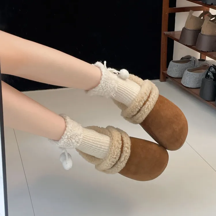 棕色复古加绒半拖勃肯鞋女2025新款冬季外穿加厚防滑保暖棉拖鞋子