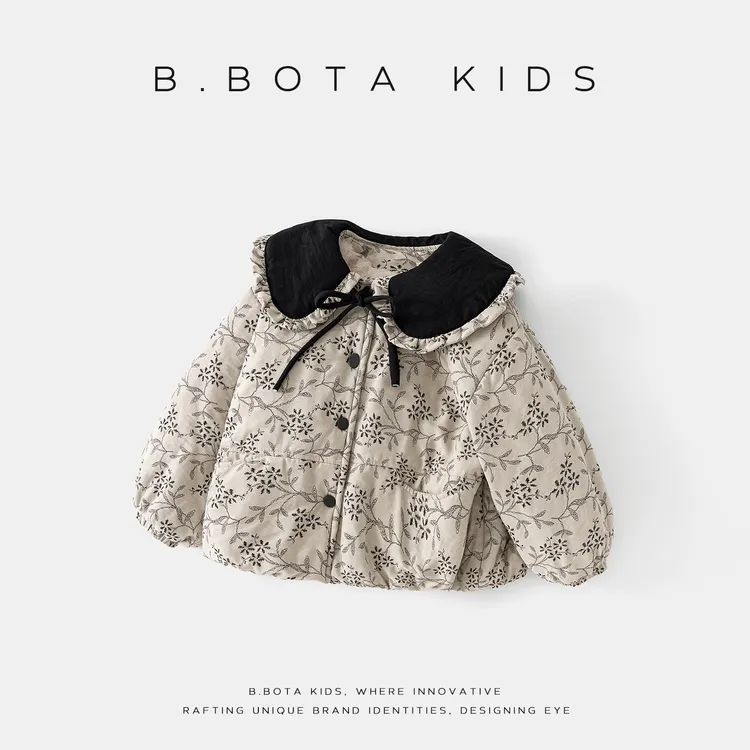 〖姐姐家〗女童棉衣2025冬季新款儿童翻领黑花加绒棉服外套-26002