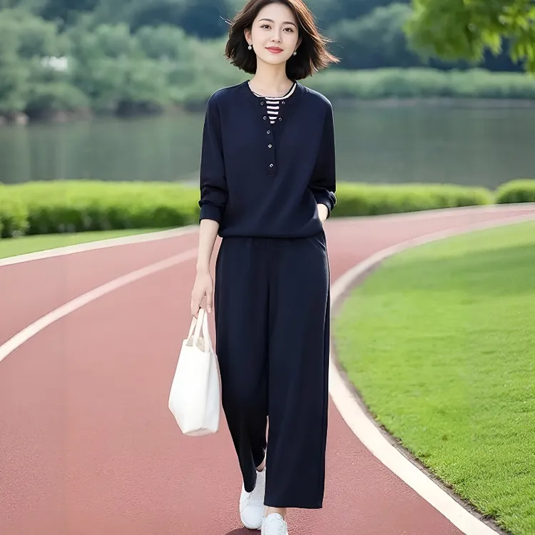 超火减龄2025春秋新款时尚休闲简约假两件卫衣女松紧腰长裤两件套