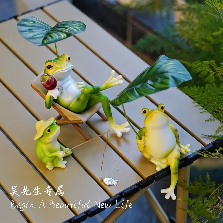 树叶乘凉躺椅休闲青蛙摆件创意鱼缸微景观布置造景树脂工艺造景