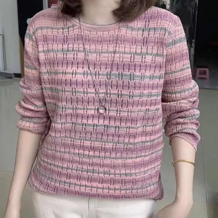 条纹毛针织衫民族风镂空慵懒上衣衫针织衫休闲圆领打底衫