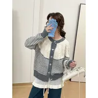 【1103】胖mm早秋宽松百搭简约高级气质麻花条纹拼接针织开衫毛衣