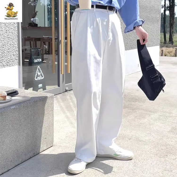 美式白色工装西裤男半松紧宽松直筒长裤休闲百搭纯色老爹西装裤潮