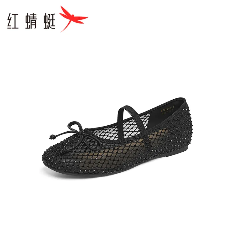 红蜻蜓单鞋女2025春夏新款女鞋子舒适软底平底鞋时尚网面鞋小皮鞋