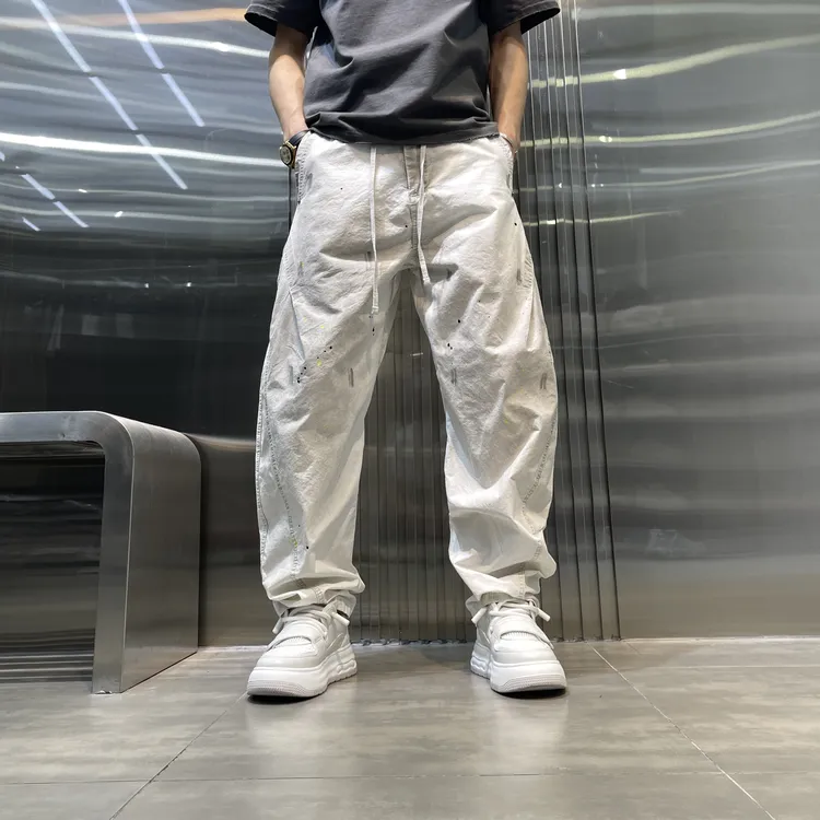 秋季新款男士重工水洗手绘美式休闲风弯刀时尚宽松裤子男款