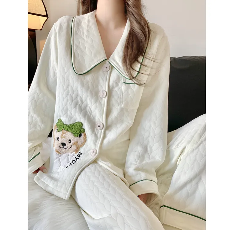 保暖空气棉睡衣女士秋冬季加厚夹层可爱卡通长袖家居服春秋套装