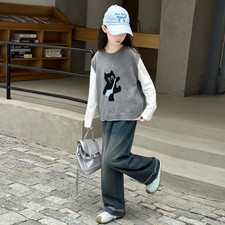 女童秋季新款韩系黑猫三件套装2025洋气小清新韩版套装女大童秋装