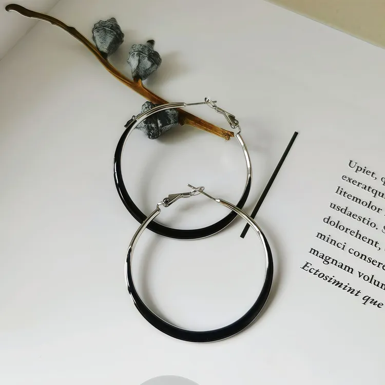 925银耳饰 圆边黑色时尚百搭简约气质大号耳圈直径约4.3cm