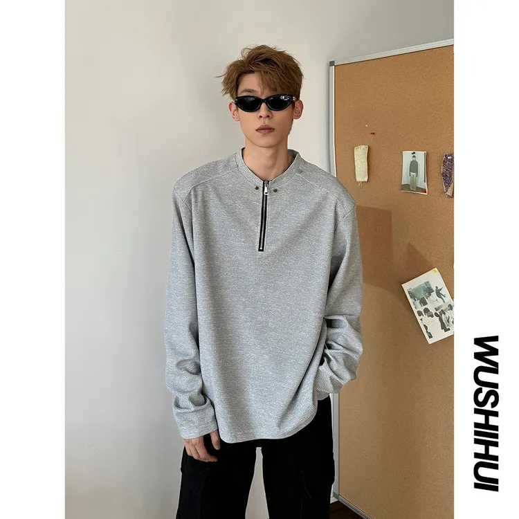 初秋华夫格潮流半拉链垫肩T恤男款美式休闲复古高街柳钉长袖痞帅