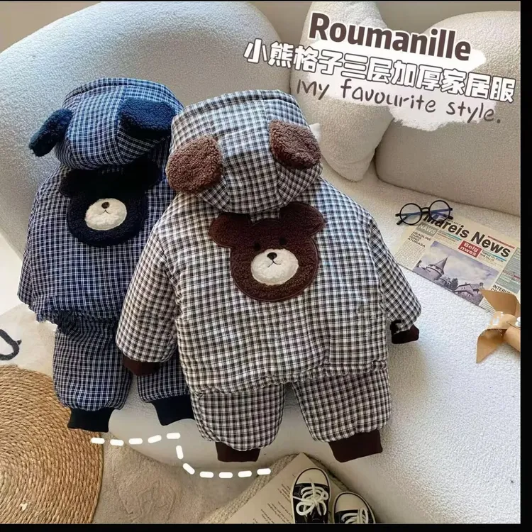 儿童家居服冬款小童格子小熊三层夹棉加绒家居服套装新品宝宝省服