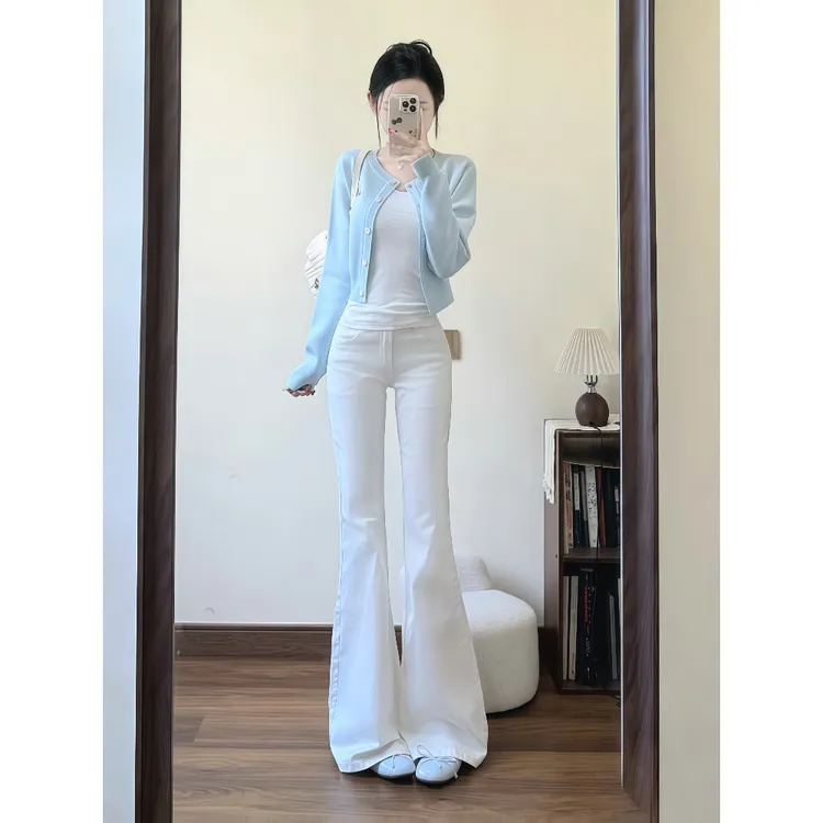 韩系搭配一整套秋季气质套装背心上衣针织开衫喇叭牛仔裤三件套