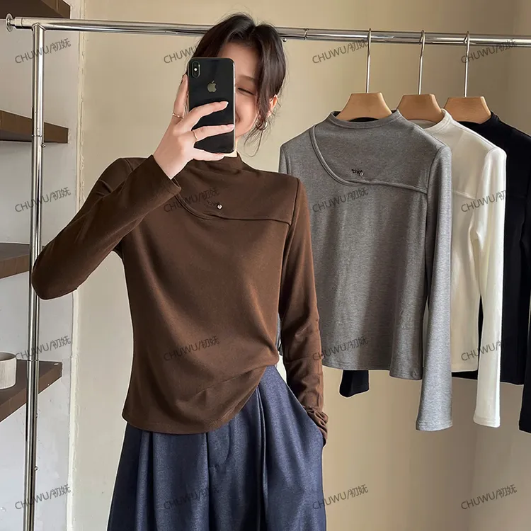 DM秋冬简约小心机镂空刺绣正肩百搭T恤时尚长袖设计感洋气上衣女