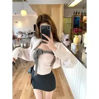 两件套秋装搭配一整套针织开衫外套+韩系抹胸背心套装 60812