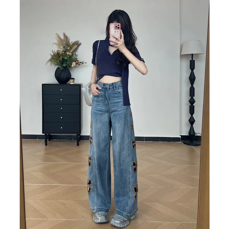 乔栈莱赛尔天丝蝴蝶镂空烫钻阔腿牛仔裤女夏季薄款高腰垂感拖地裤