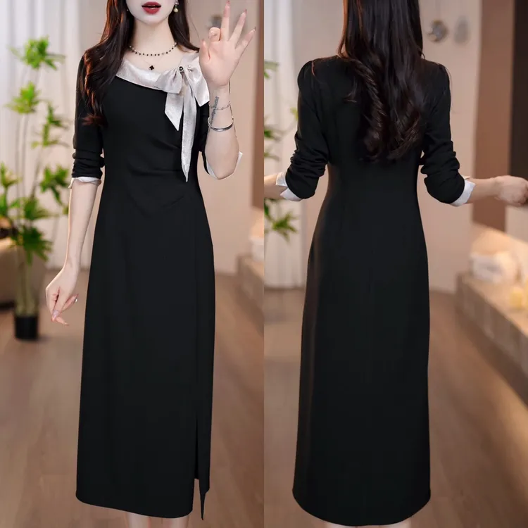 法式优雅气质收腰长袖连衣裙秋季新款洋气减龄百搭日常蝴蝶结裙子