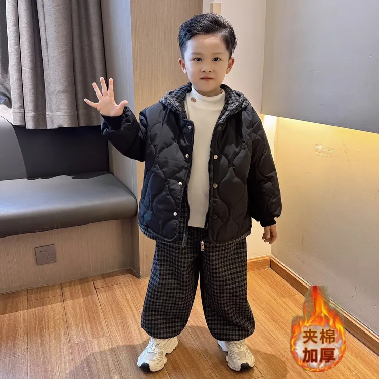 男童棉服冬季加厚2025新款小男孩韩版帅气儿童夹棉假两件棉袄套装
