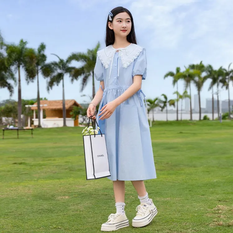 女大童夏季连衣裙新款儿童洋气初中学生纯棉长裙女