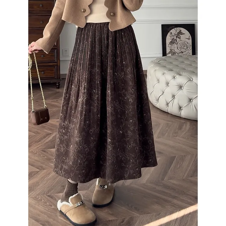 设计感松紧腰A字棕咖色百褶半身裙女秋季新款时尚百搭减龄中长裙