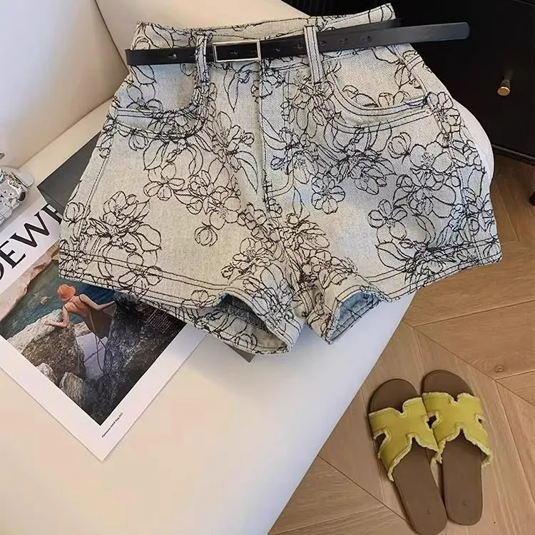 小众提花牛仔短裤女夏高腰2025新款宽松显瘦百搭辣妹阔腿a字热裤