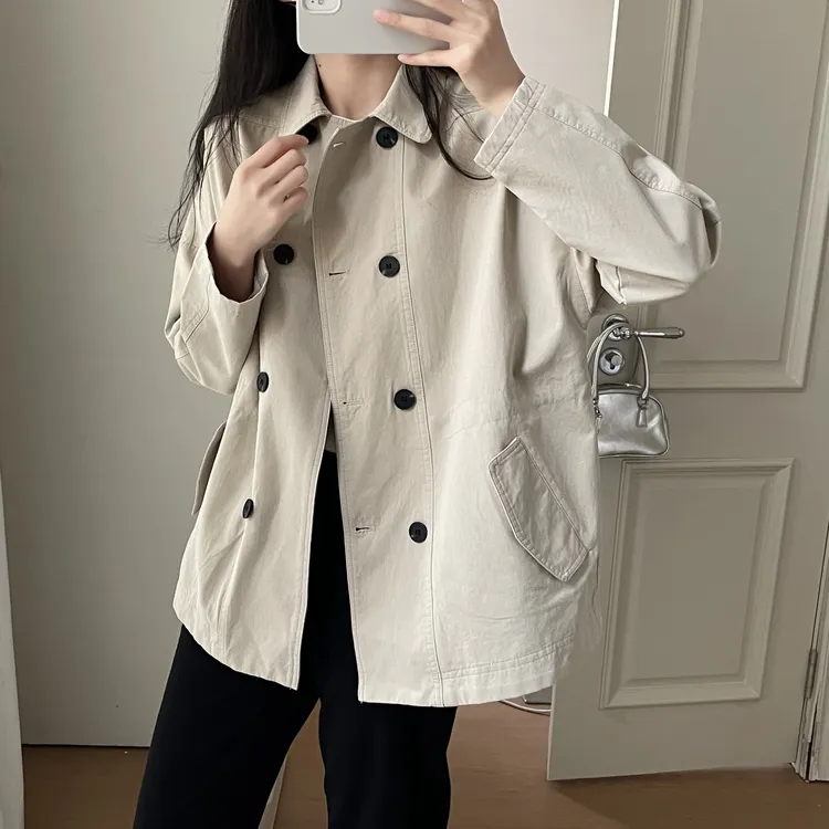 「成衣水洗 100%棉」韩系气质收腰显瘦短款风衣女 春秋宽松外套S047