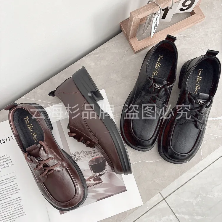 2025年新款圆头中口系带薄款秋冬季防磨乐福鞋交叉绑带低跟中跟