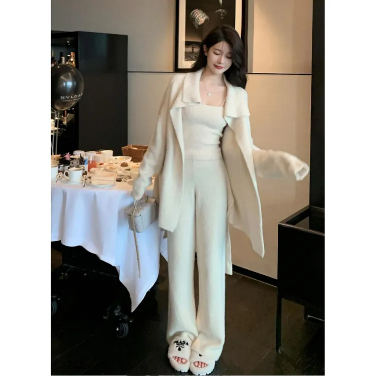 【不起球】仿貂绒外套背心阔腿裤针织三件套女休闲奶糯风套装一整套