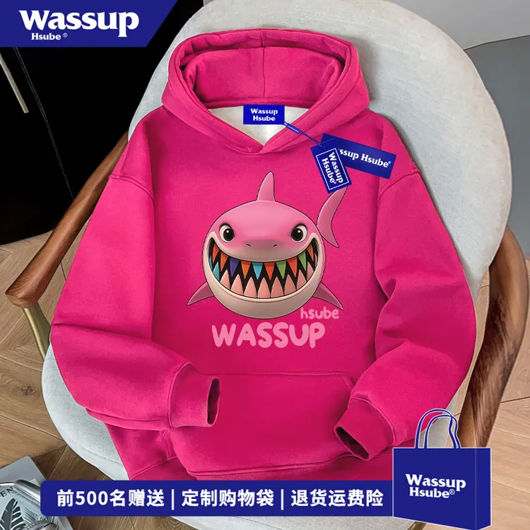 WASSUP HSUBE趣味ins小众潮牌鲨鱼印花连帽卫衣男女秋冬宽松上衣