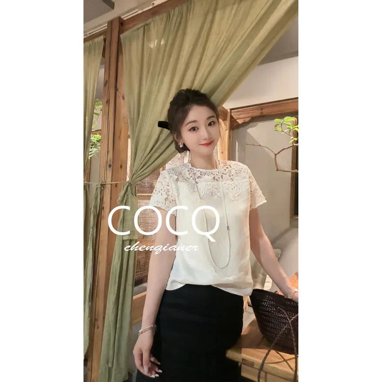 【COCQ】水溶花蕾丝镂空拼接短袖衬衫上衣夏季亲肤透气百搭