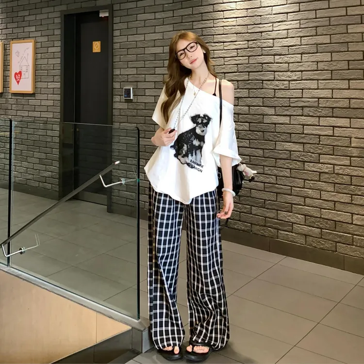 韩版网红卡通小狗印花短袖睡衣女夏季款大码慵懒风家居服套装外穿