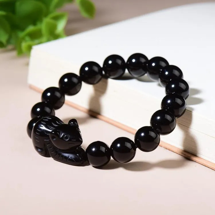 精雕天然黑曜石立体老鼠手链生肖老鼠手串男女老鼠手链鼠来宝手串