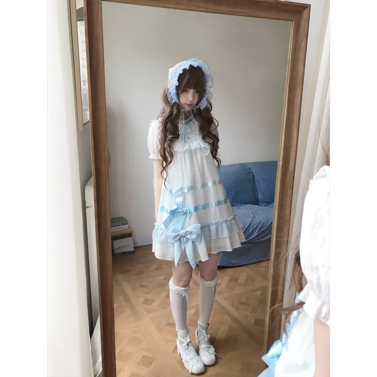 啦啦酱 夏日海贝 海盐少女风连衣裙波点丝带蝴蝶结洛丽塔娃娃裙女