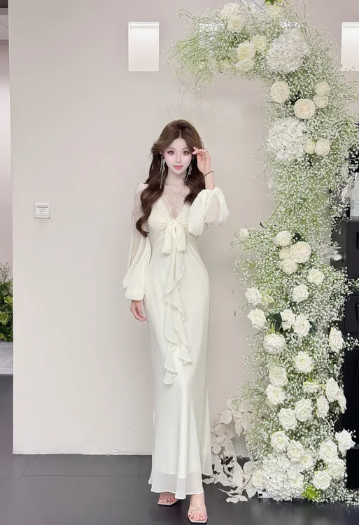 【精选优品】法式中长裙长裙套头高腰连衣裙长袖设计师251164