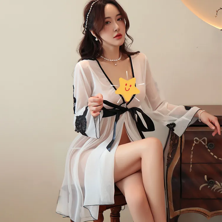 女士性感夏季宽松甜美系带薄款晨袍睡裙