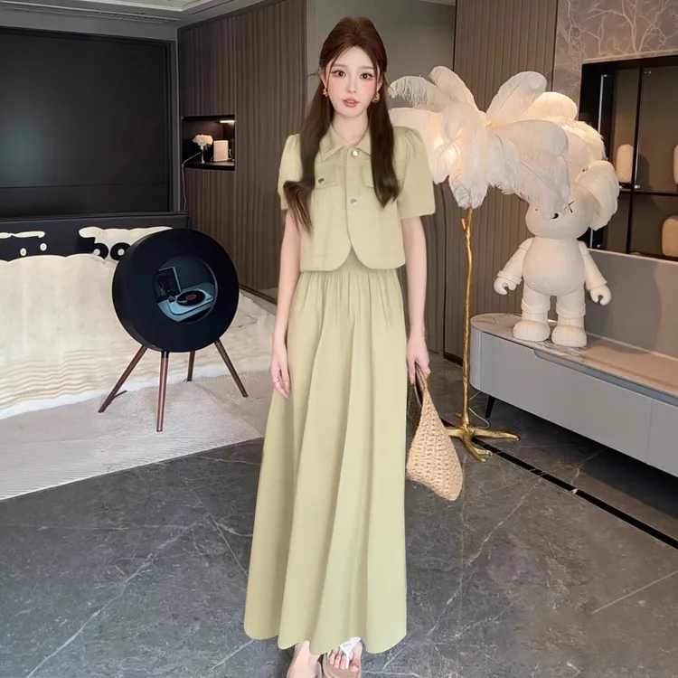 A【两件套】法式气质吊带连衣裙收腰显瘦遮肉短袖上衣外套套装D2464