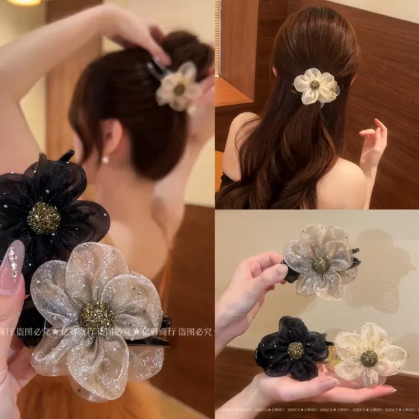 好看的丸子头抓夹～春夏新款甜美仙女花朵抓夹大号盘发夹子发饰