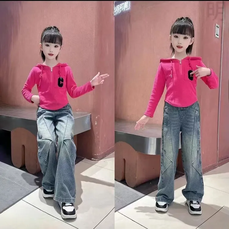 女童春季套装韩系百搭2025新款中大童女孩连帽卫衣牛仔裤两件套潮