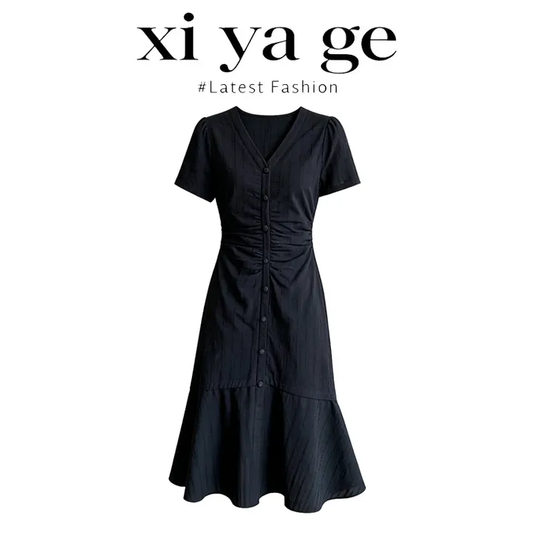 X-YAGE【全额运补】V领单排扣抽褶鱼尾中长裙女收腰显瘦短袖连衣裙