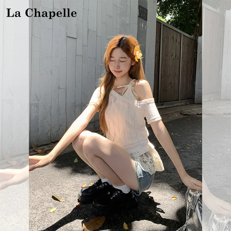 拉夏贝尔纯欲蝴蝶结蕾丝花边甜辣妹吊带背心女夏季斜肩薄款两件套