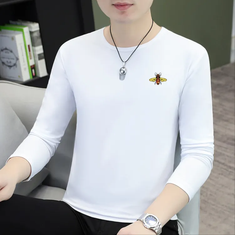 t恤男士长袖秋冬季圆领打底衫潮流休闲印花修身纯棉百搭男装上衣
