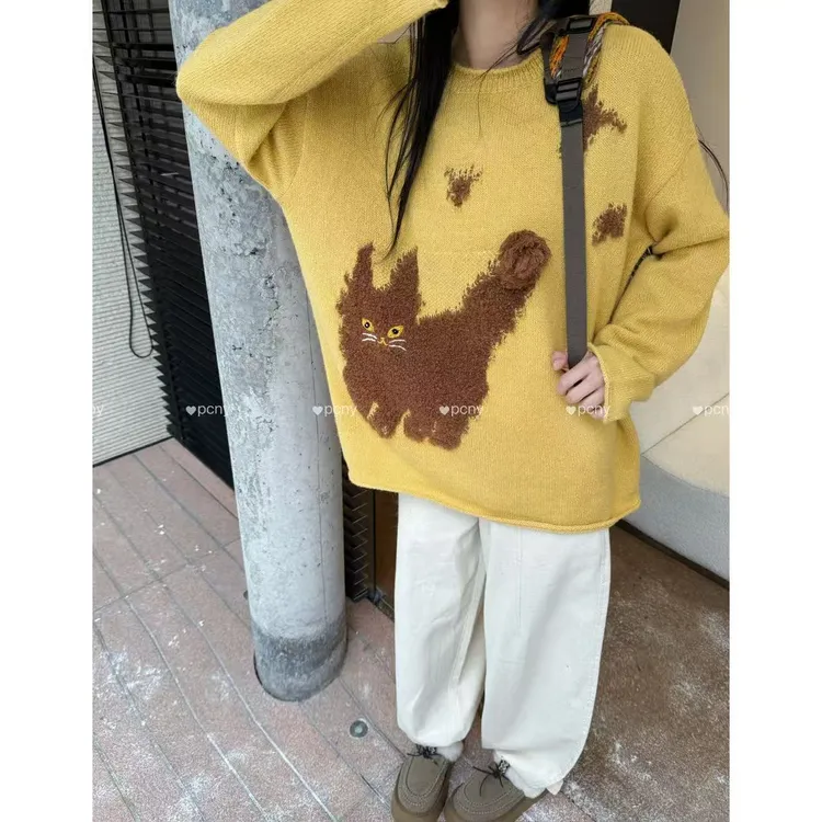 PCNY「竖尾猫咪」不理理冬季新款小众女装慵懒可爱减龄小猫针织衫